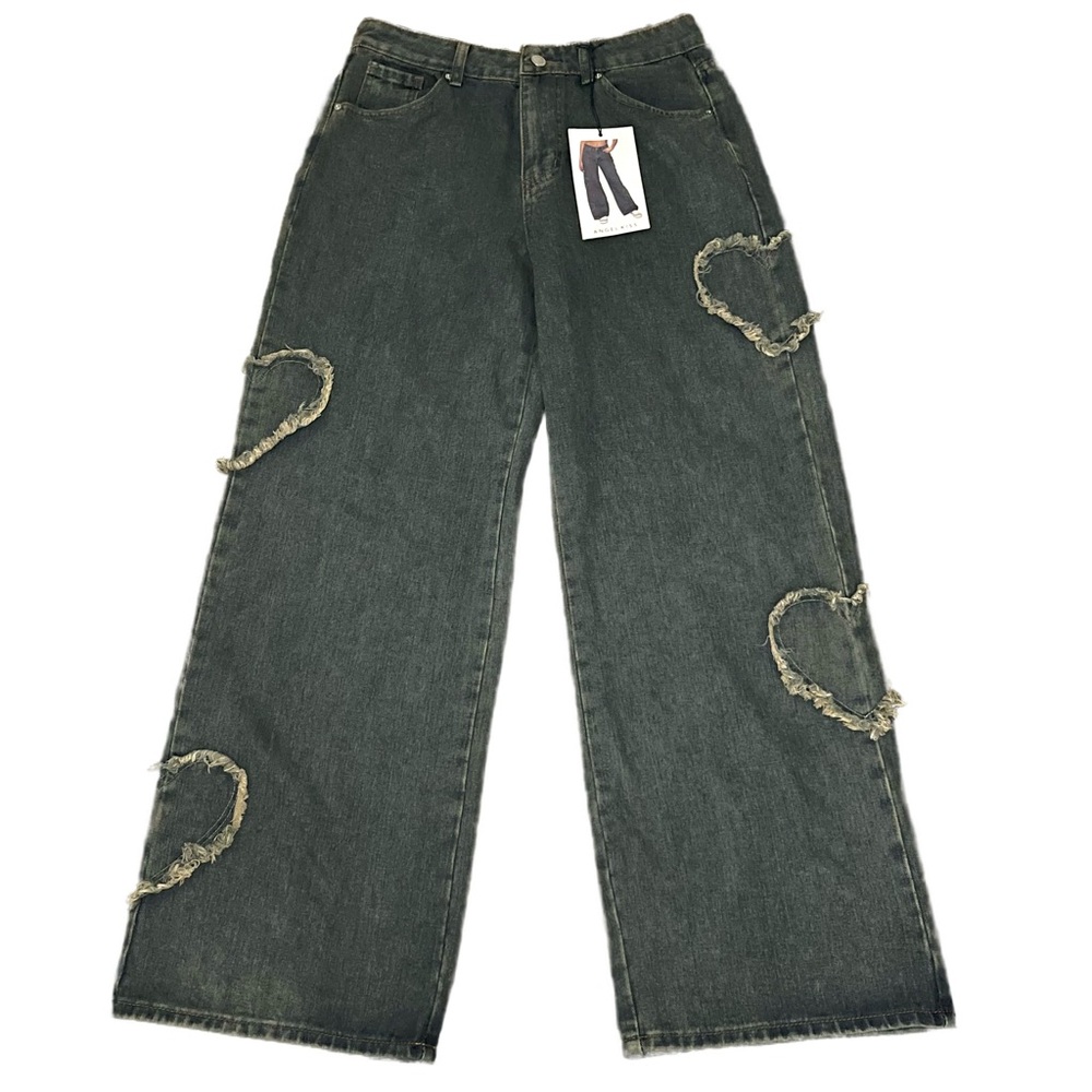 Angel Kiss Heart Cutout Wide Leg Jeans, Size 7/28, Frayed Detail